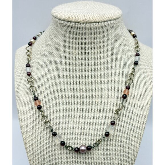 Silver Tone Beaded Chain Necklace Purple Pink Accents Boho - Picture 2 of 7